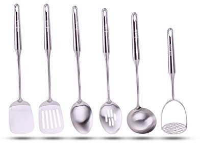 Millvado Stainless Steel Kitchen Utensil Set, Cooking Utensils, Set of 6 Kitchen Tools, Solid Spoon, Slotted Spoon, Solid Turner, Slotted Turner, Soup Ladle, Potato Masher, Dishwasher Safe