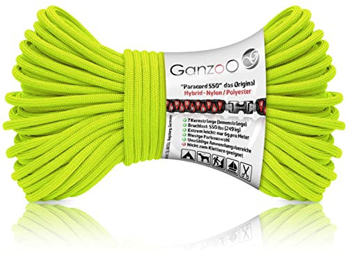 Ganzoo Paracord 550 Seil grün neon, 4mm, Typ 3, Nylon Polyester, Hybrid, Armband, Hunde-Leine, Hunde-Halsband knüpfen, ca. 250kg Bruchlast, Outdoor Rope, Camping Schnur, Allzweckseil, 30 Meter