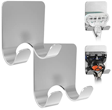 Linkidea Lot de 2 support de rasoir pour douche, crochet de rasoir en acier inoxydable étanche auto-adhésif, sans perçage, maintien solide, compatible avec Gillette Venus & Fusion5 (Argent)