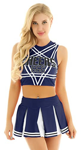 FEESHOW Damen Cheerleading Kostüm Sexy Cheerleading Rock Oberteil Pumpons High School Musical Outfit Karnevalskostüm Party Tanzkleidung Marineblau S
