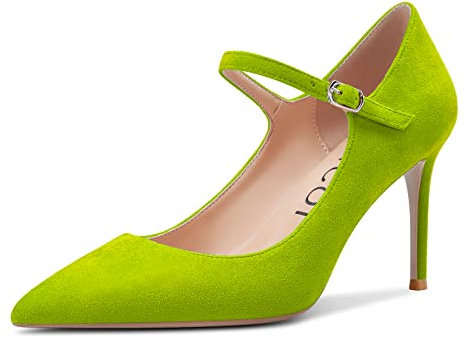 Aachcol Mujer Mary Jane Pumps Aguja Medio Heel Puntiaguada Punta Dress Zapatos de Boda Oficina Fiesta Clásico 8 CM Verde Lima Ante 41 EU