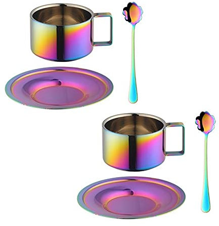 TUPMFG Edelstahl Espressotassen Set 2er, Dickwandig Cappuccino Tassen Set mit Untertasse & Löffel, 200ML Klein Kaffeetassen, Bunt