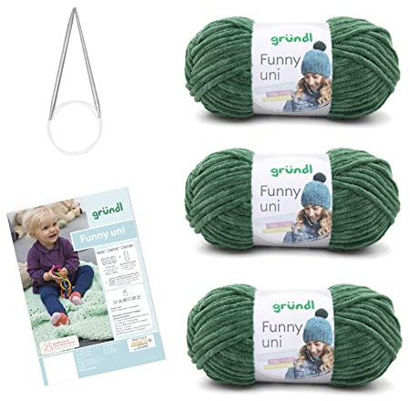Gründl Wolle Funny uni - weiche Chenille Wolle mit Nadel und Anleitung für eine Babydecke - Kuschelig und hautfreundlich - 100 % Polyester - 3 Knäuel 100 g / 120 m - Nadelstärke 5 - 6, dunkelgrün