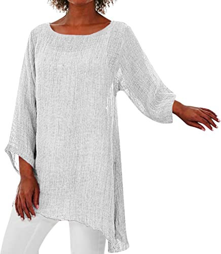 Leinenhemd Damen Lang Oberteile 3/4 Arm Shirt Große Größen Lockere Asymmetrisch Hem Langarmshirt Bluse Baumwolle Leinen Longshirt Vintage Lässiges Summer Blusenshirt Baggy Tunika Top Hemden