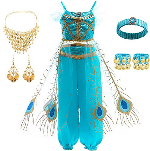 Windskids Prinzessin Jasmin Kostüm Mädchen Prinzessin Kleid Verkleidung Film Aladin Bauchtanz Tüll Abendkleid für Kinder Cosplay Weihnachten Fasching Halloween Geburtstagsfeier Festkleid 3-9 Jahre