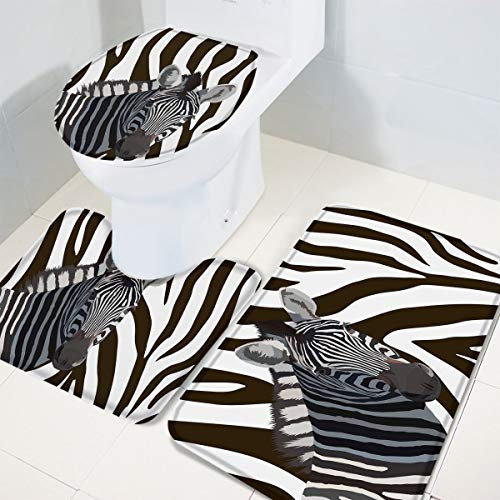 Set 3 Teilig Badvorleger Cartoon-Tier-Zebra-Streifen Langlebige Bade-Matte+Kontur+Wc-Deckelabdeckung Waschbar Fußmatte Für Wohnzimmer Wc-Sitz Bezug Badezimmer