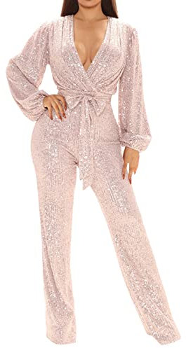 QWUVEDS Damen Jumpsuit Elegant Lässig Sexy V-Ausschnitt Langarm Pailletten Jumpsuit Weites Bein Hosen Jumpsuit Jumpsuit Damen Sexy