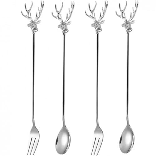 Luxylei Kaffeelöffel Gabel Geschirr 4 Stück Weihnachten Hirschkopf Form Dessertlöffel Gabeln Set Rühren Mischen Zucker Teelöffel Gabel