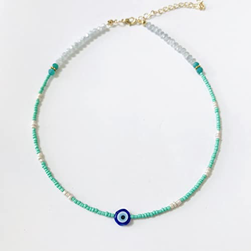 Halskette Anhänger Böhmische verstellbare Perlenkette blau-grüne weiße Perlen handgefertigt schickes kurzes Choker-Geschenk für Frauen Geburtstag Hochzeit Weihnachts Geschenke für Frauen