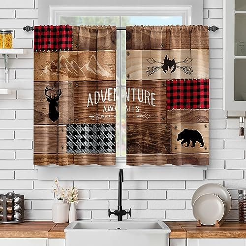 Jekeno Retro-Holzvorhänge im Landhausstil: Rustikaler Hüttenbär, Elch, Hirsch, kurze Café-Vorhänge, Dekoration für Wohnzimmer, Etagenvorhänge für Badezimmer, Stangentasche, Fenstervorhänge, 91,4 cm