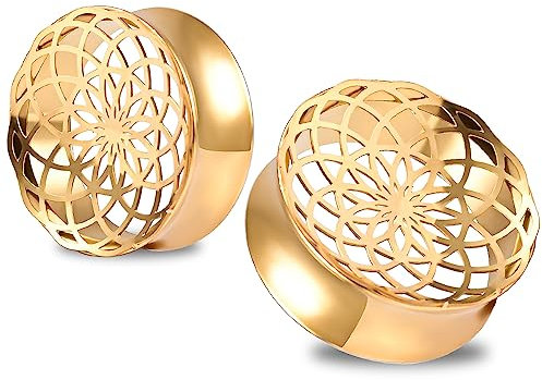 Vankula Ohr Flesh Tunnel Double Flared Plug Hohl Edelstahl für Gestreckte Expander Ohrpiercing 16mm(5/8) Gold