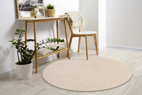 Mia's Teppiche Comfort Moderner Flauschiger Kurzflor Teppich, Anti-Rutsch Unterseite, Waschbar bis 30 Grad, Super Soft, Felloptik, Beige, 160 cm Rund