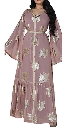 Fjnbbiot Sommer Chiffon Abaya Dubai Türkei Muslimisches langes Kleid für Frauen marokkanisches Partykleid afrikanisches Abaya, rose, L