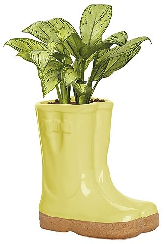 Small Yellow Ceramic Double Wellington Boot Shaped Indoor/Outdoor Plant Pot