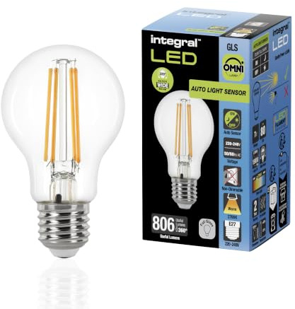 Integral LED E27 Omni-Filament GLS-Glühbirne | Dual-Dämmerungssensor | 7 W, 806 lm (= 60 W) | 2700 K warmweißes Licht | Nicht dimmbar | Außenbereich