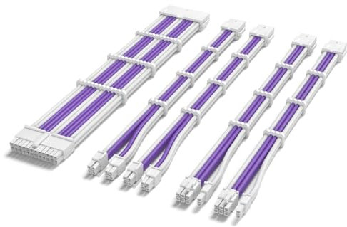 Sirlyr PSU Extension Cable Kit - Custom Sleeved Power Supply Mod for PC Build 16AWG 24Pin ATX/8 (4+4) Pin EPS CPU/8 (6+2) Pin PCI-E GPU PSU - White Purple 5 Kits