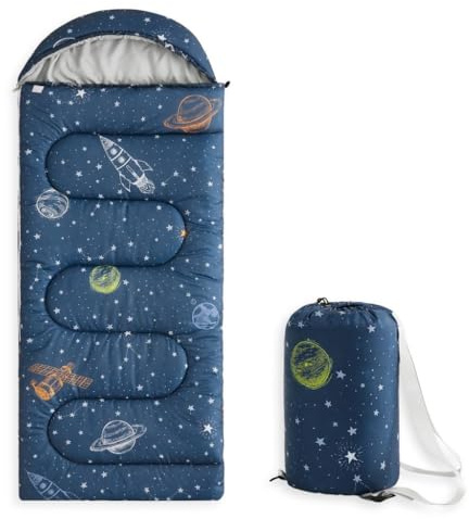 Wake In Cloud - Kids Sleeping Bag for Boys Toddlers, Camping in Warm Cold Weather, Backpacking Lightweight Compact Outdoor Liner for 3 Seasons, Space Stars Rockets Galaxy, Navy Blue