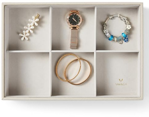 Vee Schmuckkästchen,Schmuckaufbewahrung,6 Fächer für Armbänder,Große Schmuckschatulle,Schmucktablett Stapelbar,PU Leder Schmuck Organizers,Geschenkbox für Mädchen Frauen,Grau,30x21x5,5cm