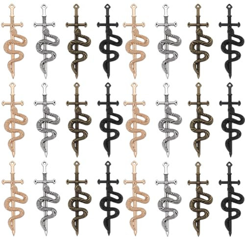 SUNNYCLUE 1 BOX 32PCS Schlangen Charms Schwert Charms Bulk Halloween Gothic Schwerter Messer Dolch Waffe Legierung Golden Sliver Bronze Schlangen Charms Für Die Schmuckherstellung Charms Ohrringe Hals