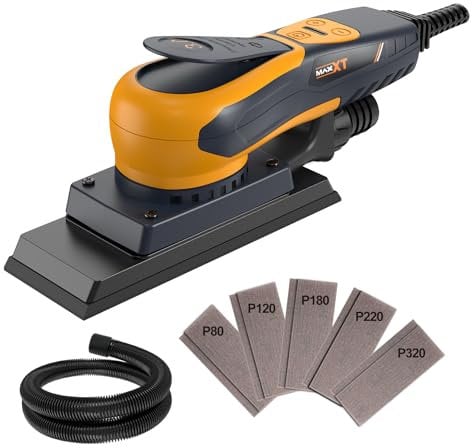 Levigatrice orbitale senza spazzole MAXXT 350W, velocità regolabile 4000-10000/RPM, freno automatico 2s, raccolta automatica polvere, superficie di levigatura 198x70mm, 10 fogli abrasivi