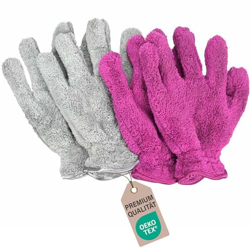 Pastaclean 4 Stück Staubhandschuhe Grau/Beere | 5 Finger Handschuh Microfaser Putzhandschuh | Wiederverwendbar Abstauben Reinigungshandschuhe für Auto, Küche, Bad, Möbel