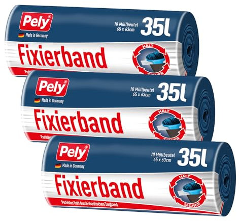 Pely Fixierband Müllbeutel 3er Pack - perfekter Halt durch elastisches Zugband, zur Entsorgung von Restabfall (35 Liter)