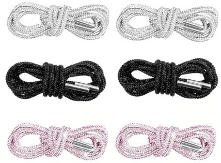 NIYATA Glitzer Schnürsenkel rund mit Strass, 3 Paar Schuhriemen für Sneaker, Arbeitsschuhe, Stiefel & Sportschuhe, Schuhbänder in Schwarz, Weiß & Rosa, 100cm