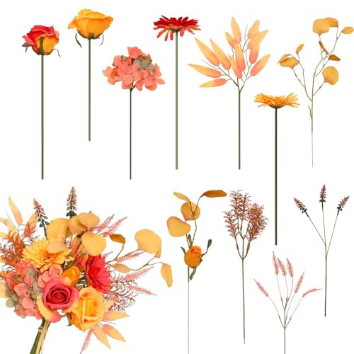 Floweroyal Herbst künstliche Blumen Orange Fake Rosen Mix Gerbera Blumen für Blumenarrangements, Wedding, Hochzeitssträuße, Home Küchendeko (Herbstrot)