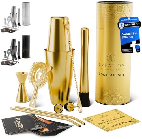 EMPATION Cocktail Shaker Gold, 14-piece Cocktail Set with 825 ml Boston Shaker, Cocktail Accessories incl. Recipe Cards, Cocktail Making Kit for Beginners & Professionals, Cocktail Shaker Set