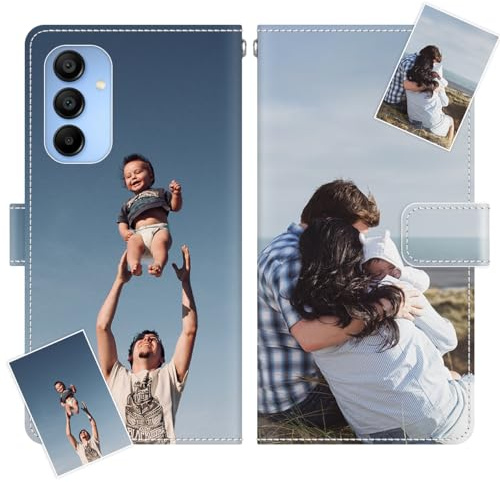 JGOYGYI Personalisierte Leder Handyhülle kompatibel mit Samsung Galaxy A15,Individuelle Eigenem Foto Bild Text Bildern Foldable Flip Klapphüllen Case hülle+Handykette