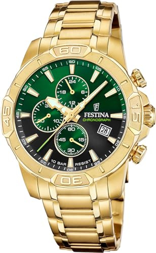 Festina Herrenuhr Analog aus Edelstahl 316l Goldfarben F20705/6 | Quarzwerk, Chronograph, Kalender, Robustes Mineralglas