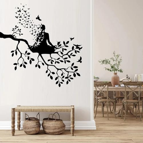 YLLMNOBN Yoga-Bewegung, Meditation, fliegender Vogel, Yoga-Baum des Lebens, Zen-Wandaufkleber, Wohnzimmer, Studio, Yoga-Raum, Wandbild, Heimdekoration
