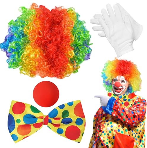 Capgoost Clown Kostüm Accessoire, 4 Stück Clown Kostüm Set, Clown Perücke mit Clownsnase Rot, Bunte Krawatte, Handschuhe, Clownskostüm Karneval Kostüme für Damen Herren Fasching Halloween Cosplay