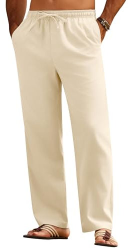COOFANDY Pantalon Lino Hombre Pantalones Estilo Libre Ocio Cordón de la Cintura Sueltos Pantalones LargosTranspirable Ropa Hombre Verano Casual Beige XXL