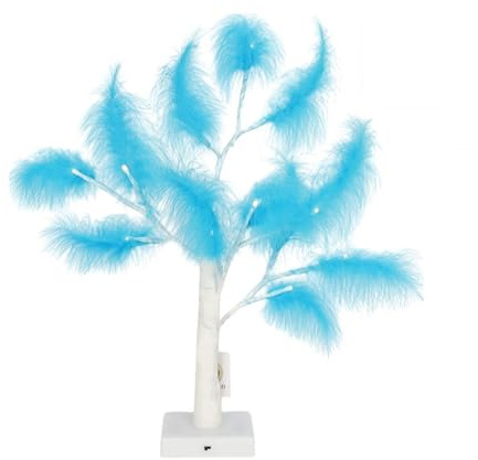 2Pcs - 55cm Light Blue Feather Tree Table Lamp Warm White LEDs Lighted Pampas Tree – Battery-Operated Decorative Night Light for Christmas, Home, Events, Holiday Decorations