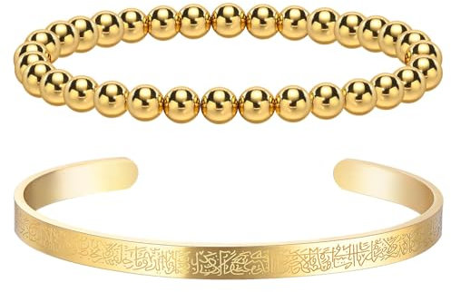 2 Stück islamische Armband für Frauen mit Ayatul Kursi - Arabische Allah Perlen Stacking Armreifen Quaran Tasbih religiösen Schutz Islam Eid Ramadan Schmuck muslimische Geschenke (Gold-Öffnen)