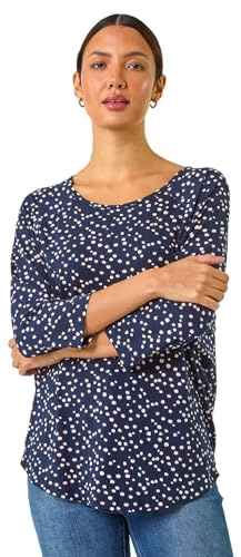 Roman Originals Stretchy Top for Women UK - Ladies Jersey Blouse Smart Casual Tunic Work 3/4 Length Sleeve Round Neck Boat Neckline Flattering Autumn Winter - Navy Ivory - Size 10
