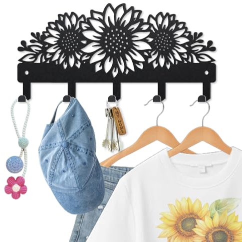 MAYJOYDIY Porte Clés en Métal Tournesol Porte Manteau Mural 25 × 12cm Plante de Tournesol Noir Décoration Murale Porte Clés avec 5 crochets Pour Entrée Porte D'entrée Couloir Cuisine