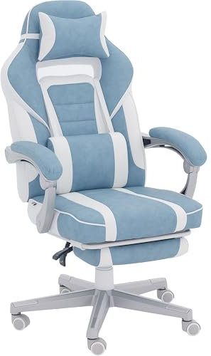 HOMCOM Silla Gaming Silla Gamer Reclinable con Altura Ajustable Reposapiés Retráctil Soporte Lumbar y Reposacabezas Desmontable Silla para Oficina Estudio Azul