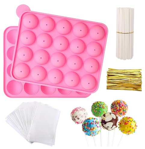 GEOKILO 304PCS Cake Pop Molds Kit, Bpa Free Silicone Cake Pop Maker with 15-Hole Display Stand,Decorating Pen and Measuring Cup, for Making Chocolate Lollipop Candy Party Cupcake Baking Tools