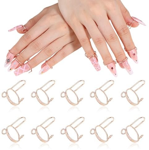 Tyqour 10Pcs Nail Rings with Nails Attached, Adjustable Metal Wudu Nail Rings for Women, Reusable Detachable Fingernail Perfect for Nail Art Set