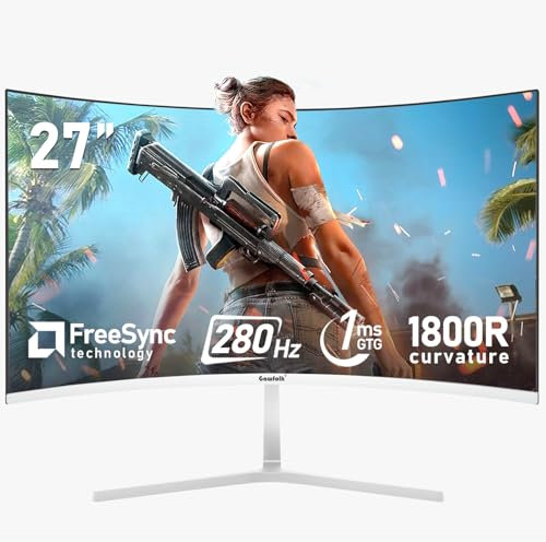 Gawfolk - 27 inch computer screen, 1800R curved gaming monitors 280Hz, FHD 1080p 1ms, Freesync, 98% sRGB, 178° angled view, HDMI2.0, DisplayPort, compatible with