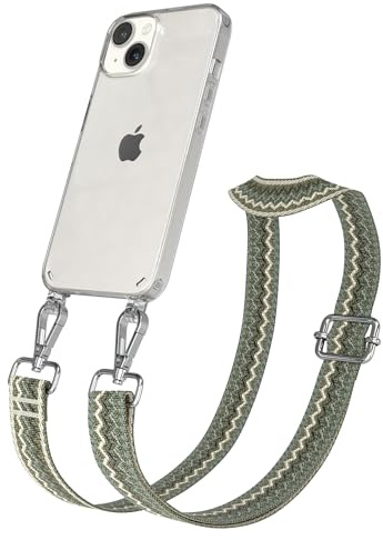 EAZY CASE Handykette - Verstellbares Taschenband kompatibel mit iPhone 14, Schulterriemen, Handykordel mit Silikon Hülle, Umhängetasche, Grün Beige Silber