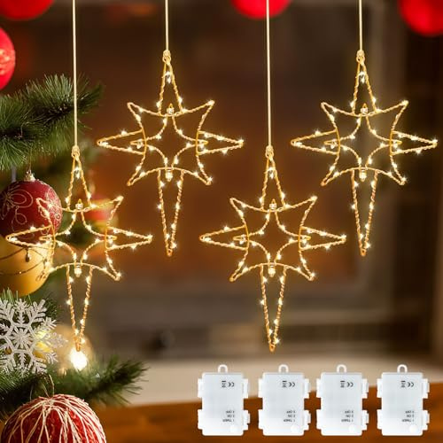 Coomoors 4 Stück Bethlehem LED Stern Fensterlichter, 20cm Metall Weihnachtsstern Lichtervorhang mit 160 Warmweißen LEDs, Batteriebetrieben mit Timer, für Innen und Außen-Deko,Fenster,Balkon und Party