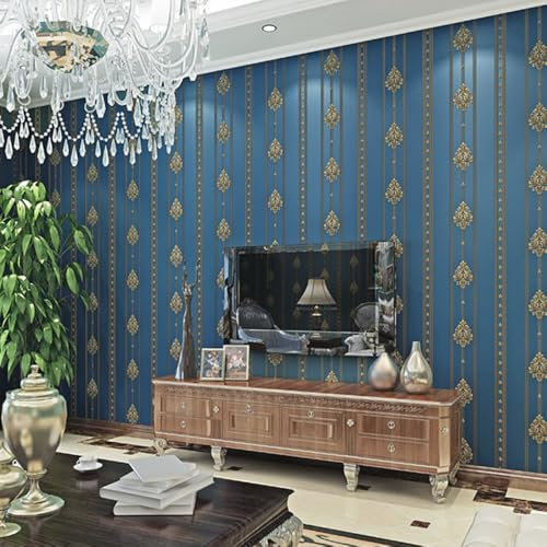 HimYKEA Modern Minimalist European Style Victorian Pattern 3D Embossed Damask Printing Bedroom TV Background Non-Woven Non-Self Adheise Wallpaper 1.73' W X 31.2'L (Blue, Matching Style)