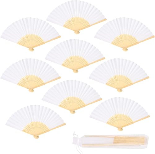 wokdsbl 9pcs Handheld Paper Fans Folding, White Paper Folding Fans with Bamboo Handle, Manual Fan Folding with a Pouch for Tea Party Decorations, Cosplay, Home Decorations, Birthday Gifts