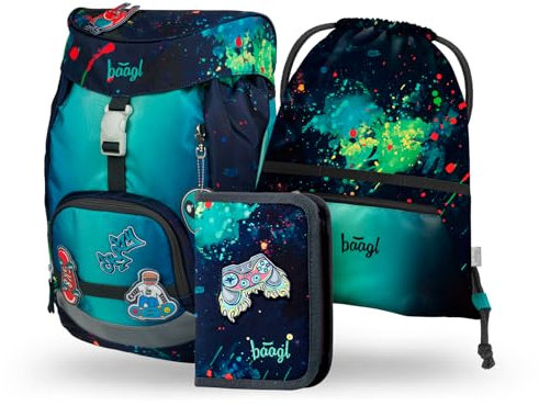 Baagl Schulranzen Jungen für 1. Klasse, Airy Schultasche Set 3-Teilig, Grundschule Schulrucksack für Kinder, Ranzen für Schule, Tornister (Chill)
