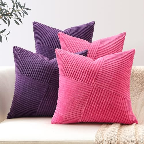 Sungeek 4er Set Cord Kissenbezüge, Windmühle Streifen Kordsamt Kissenbezug Sofakissen Dekokissen Patchwork Design Deko Zierkissenbezüge Kissenhülle für Wohnzimmer (60x60cm, Heiß Rosa Violett)