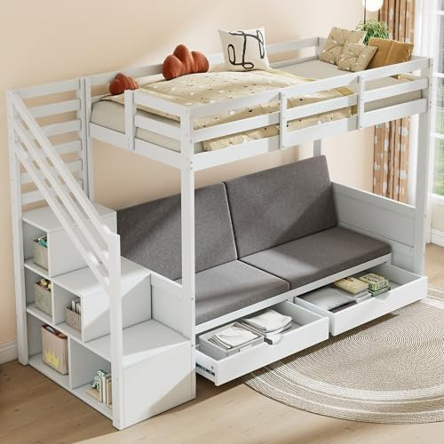 Etagenbett 90x200 Kinderbett Hochbett mit Treppenschrank&2 Schubladen,Unteres Bett als Sofa nutzbar mit Kissen,Funktionsbett Stockbett Kinderhochbett Jugendhochbett mit Lattenrost,Ohne Matratze,Weiß