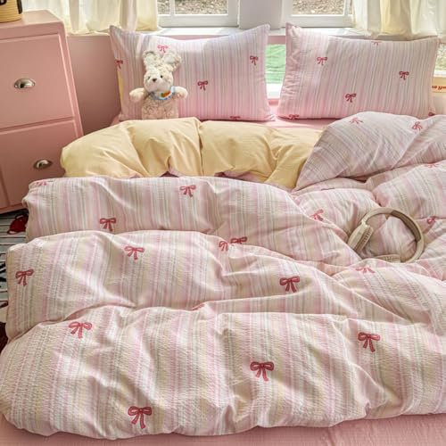Nyescasa Housse de Couette 240x260 Rayée Motif Nœud Papillon Rose Parure de lit à Rayures Rose Adulte 2 Personnes en Microfibre Housse Couette avec Fermeture Éclair et 2 Taies d'oreiller 65x65 cm